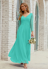 A-line V Neck FullLong Sleeve Ankle-Length Chiffon Mother of the Bride Dress With Pleated Pure Color