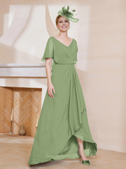 V-neck ruffle sleeves asymmetrical mother of the bride dress