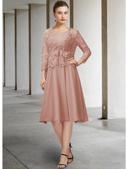 Two Piece A-Line Mother of the Bride Dress Elegant Jewel Neck Knee Length Chiffon Lace 3/4 Length Sleeve with Bow(s)