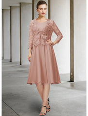 DingjiTwo Piece A-Line Mother of the Bride Dress Elegant Jewel Neck Knee Length Chiffon Lace 3/4 Length Sleeve with Bow(s) Appliques