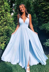 Simple Blue V-neck Long Prom Dress,Formal Dresses,Dance Dress