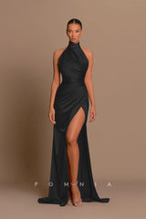 P1228 - High Neck Pleats Sleeveless Side Slit Satin Foemal Prom Evening Dress