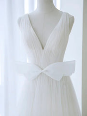 Simplicity A-Line V Neck White Tulle Long Wedding Dress with Bow
