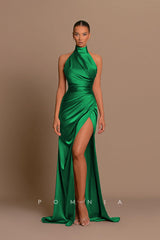 P1228 - High Neck Pleats Sleeveless Side Slit Satin Foemal Prom Evening Dress