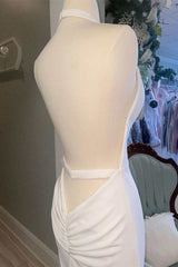 White Halter Open Back Mermaid Long Wedding Dress V-neck