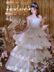 Elegant White Strapless Tiered Sweet 16 Quinceanera A-Line Tulle Evening Dress Ball Gown HZ1024