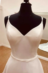 Elegant Satin Spaghetti Straps Backless Long Wedding Dress