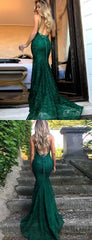 Sexy Spaghetti Straps Trumpet/Mermaid Backless Dark Green Lace Prom Dress/ Formal Dress/ Bridesmaid Dress