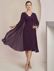 Two Piece Mother of the Bride Dress Formal Wedding Guest Elegant V Neck Knee Length Chiffon Lace Short Sleeve Jacket Dresses with Appliques