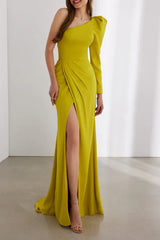 One shoulder long sleeved pleated side slits for a snug fit mother of the bride dress
