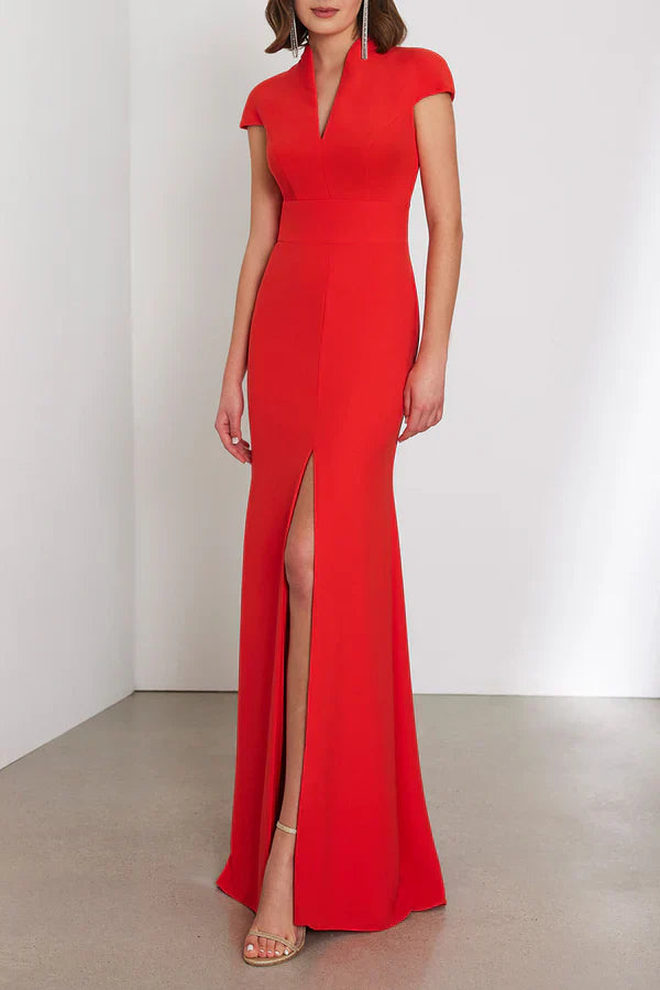 Sexy fit V-neck cap sleeve slit mother of the bride dress