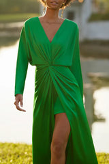 Minimalist V-neck long sleeved pleated slit mother of the bride dresses