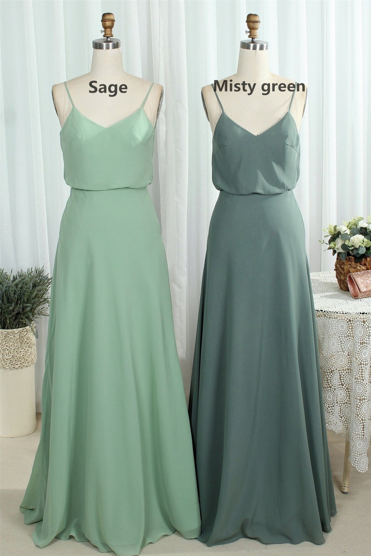 Sage Chiffon Straps Long Bridesmaid Dress