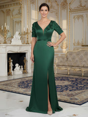 V-neck Half Sleeves Sheath Dress With Flowers Dark Green
