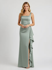 Square Neck Ruffle Slit Satin Column Gown Dusty Sage