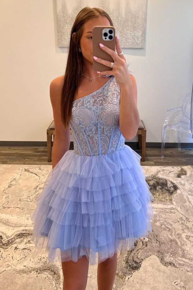One Shoulder Lavender Lace A-Line Layered Homecoming Dress