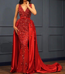 Mermaid V-neck Crystal Beaded Satin Dress Removable Skirt