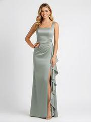 Square Neck Ruffle Slit Satin Column Gown Dusty Sage