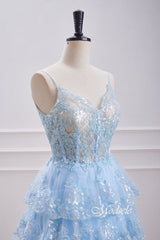 V-Neck Light Blue Sequin Ruffle Homecoming Dress