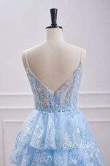 V-Neck Light Blue Sequin Ruffle Homecoming Dress