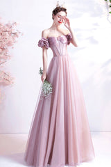 Pink Sweetheart with Beaded Tulle Prom Dresses, Pink Long Formal Dresses
