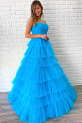 Blue Tulle Long Prom Dresses, A-Line Strapless Evening Dresses