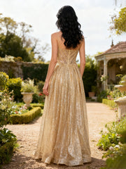 Dazzling Sequin A-Line Gown with Corset Bodice Gold