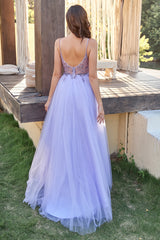 Lavender Tulle A-line Prom Dress with Beading Open Back Long Sexy