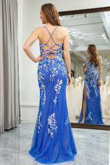 Wholesale Stunning Blue Mermaid Lace Up Long Prom Dress with Slit And Appliques prom dresses shops