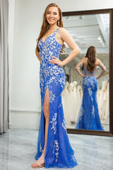 Wholesale Stunning Blue Mermaid Lace Up Long Prom Dress with Slit And Appliques prom dresses shops