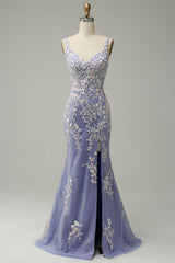 Trendy Mermaid V Neck Light Blue Long Prom Dress with Appliques Slit
