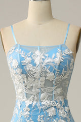 Mermaid Spaghetti Straps Blue Long Prom Dress with Appliques