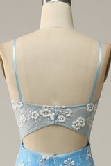 Mermaid Spaghetti Straps Blue Long Prom Dress with Appliques