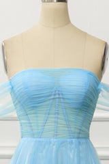 A-Line Tiered Blue Off The Shoulder Tulle Prom Dress