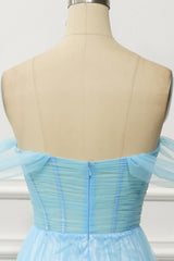 A-Line Tiered Blue Off The Shoulder Tulle Prom Dress