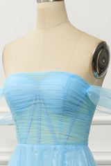 A-Line Tiered Blue Off The Shoulder Tulle Prom Dress