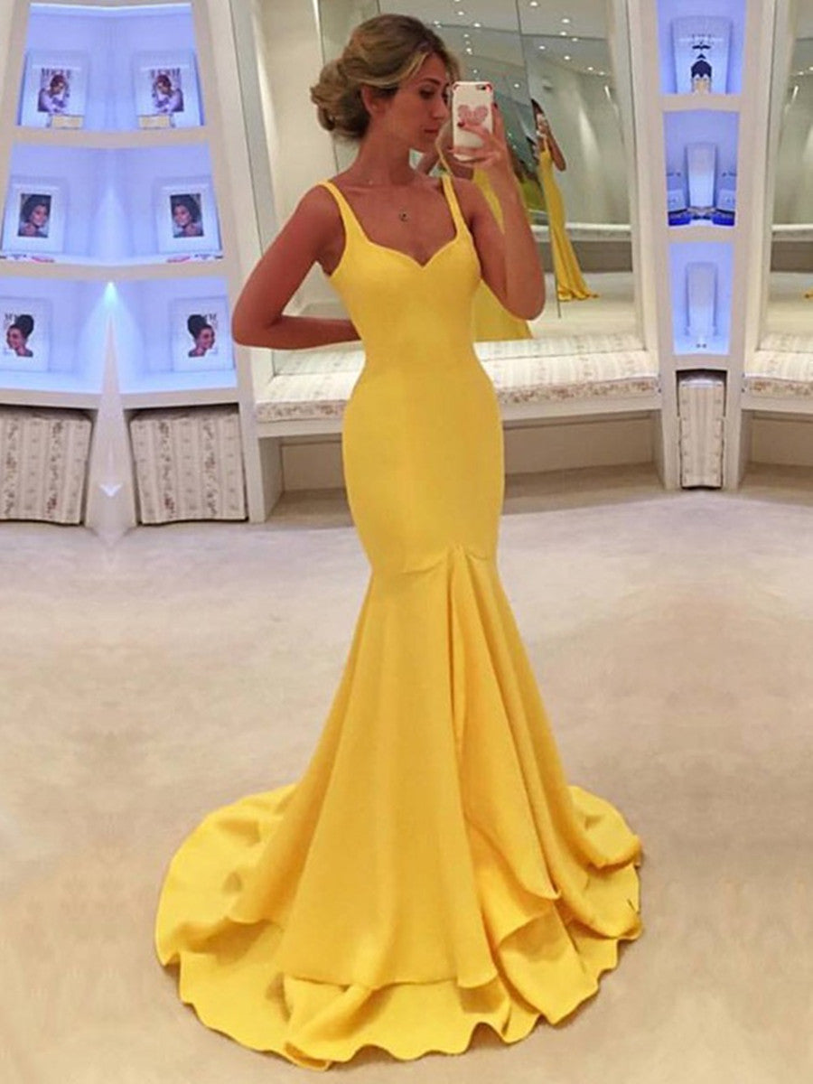 Silk-like Satin V-neck Trumpet/Mermaid Sweep Train with Ruffles Prom Dresses, Yellow Formal Dress