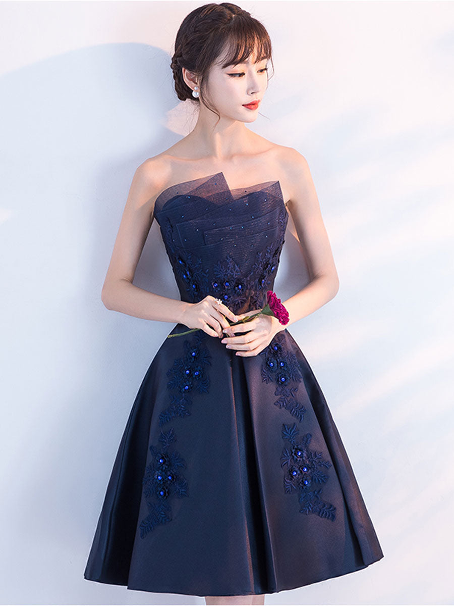Dark blue lace satin short prom dress, blue cocktail dress