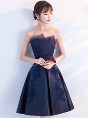 Dark blue lace satin short prom dress, blue cocktail dress
