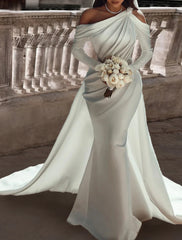 Two Piece One Shoulder Long Sleeve Floor Length Satin Bridal Gowns With Sash Wedding Dresses / Ribbon Beading