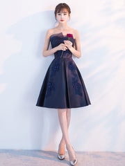 Dark blue lace satin short prom dress, blue cocktail dress