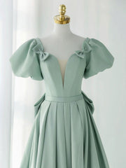 A-Line Green Satin Long Prom Dresses, Green Formal Evening Dresses