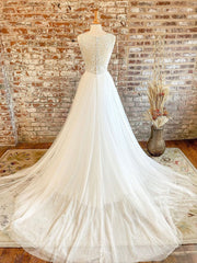 White v neck tulle lace long prom dress, lace tulle wedding dress