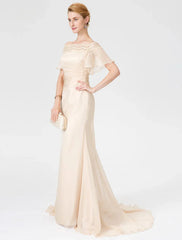 Sheath / Column Mother of the Bride Dress Elegant Off Shoulder Sweep / Brush Train Chiffon Lace Short Sleeve with Pleats