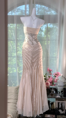 Gorgeous Pink Embroidery Spaghetti Strap Mermaid Chiffon Prom Dress Evening Dress HZ1024