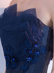 Dark blue lace satin short prom dress, blue cocktail dress