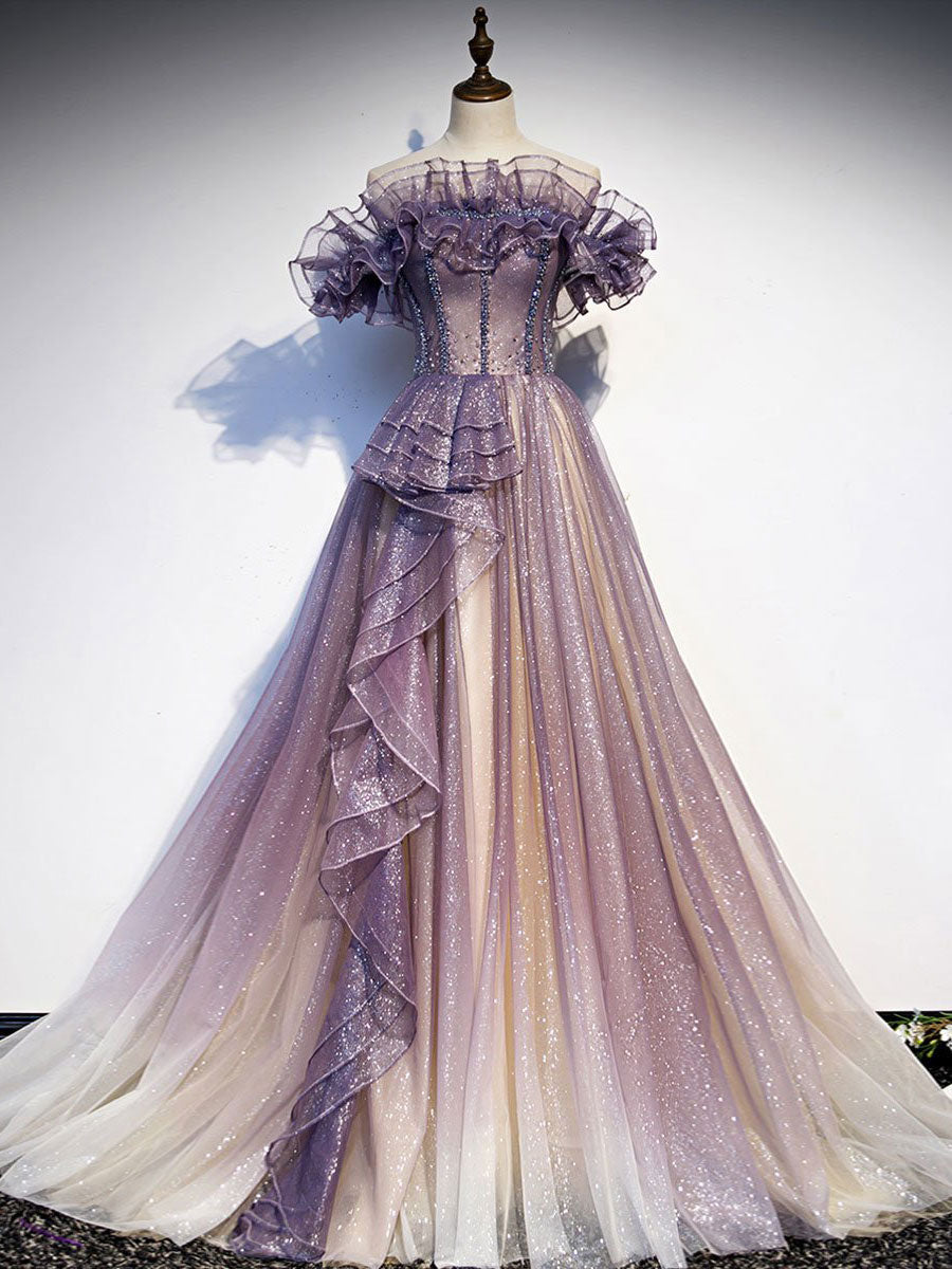 Purple tulle sequin long prom dress purple evening dress