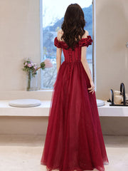 Burgundy tulle off shoulder long prom dress, burgundy evening dress