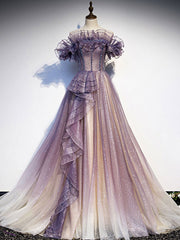 Purple tulle sequin long prom dress purple evening dress
