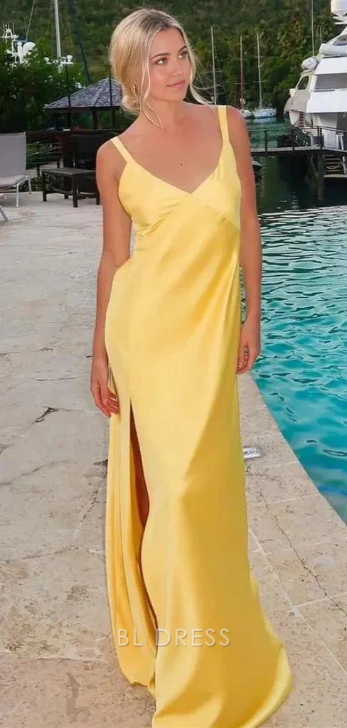 Sheath V-Neck Backless Satin Yellow Slit formal dresses Bridesmaid Dresses evening gown Prom Dress